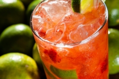 Foto de bebida fría con limones decoración tropical.